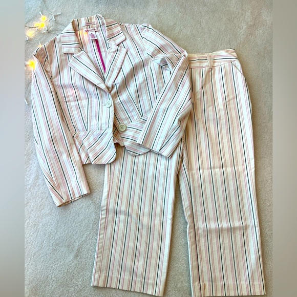 Anthropologie Jackets & Blazers - Nine and Co Stripped Stretchy Set Jacket Blazer and Capris Pants Off White Pink